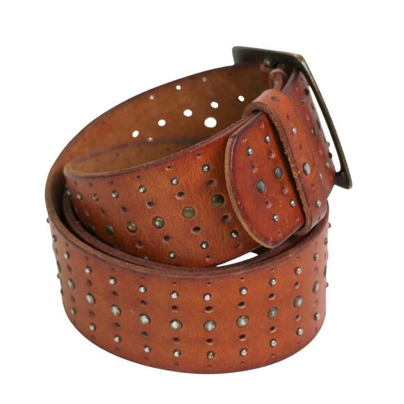 PERFORATED BROWN REAL LEATHER 1 5/8"Wd STUDS CASUAL DRESS WOMEN'S BELT Sz S (F34 - Picture 5 of 12
